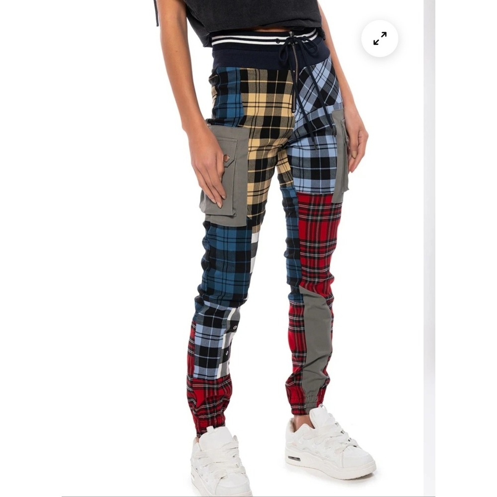 Akira Mind Your Business Patchwork Plaid Cargo Joggers Pants L Utility Stretch